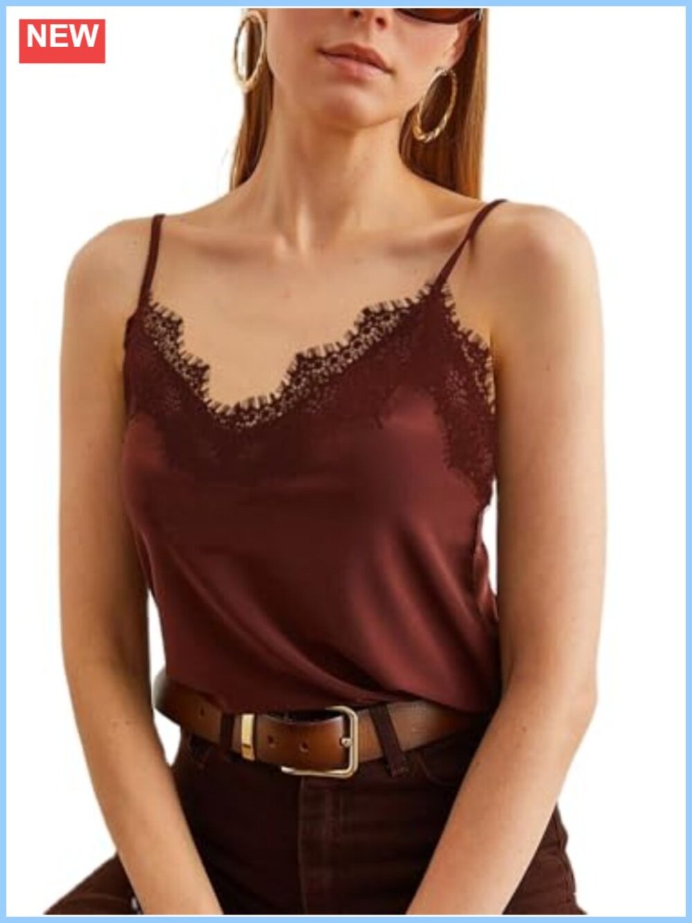 Satin Lace Trim V-Neck Spaghetti Strap Cami Top Sleeveless